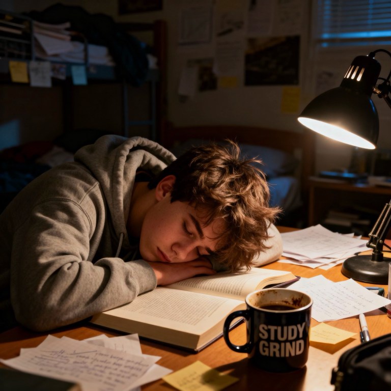 A student sleeping on his desk with college paperwork on the table